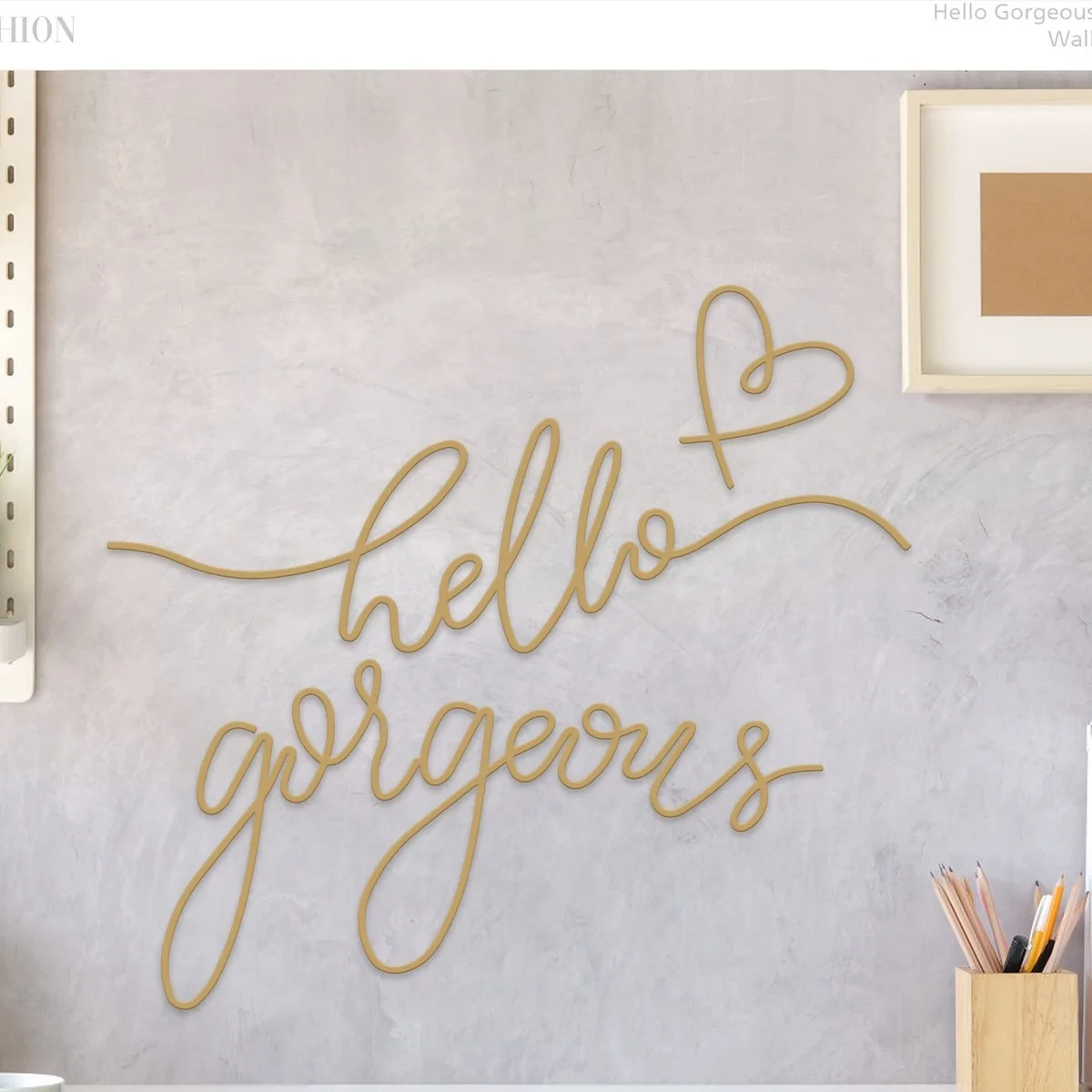 Hello Gorgeous Metal Wall Sign 3pc Cursive Heart Letter Decor Bedroom Bathroom
