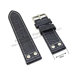 Fits/For Luminox , TW Steel , Aviator / Pilot - 24mm Black White Stitch Rivet Genuine Leather Replacement Watch Band Strap