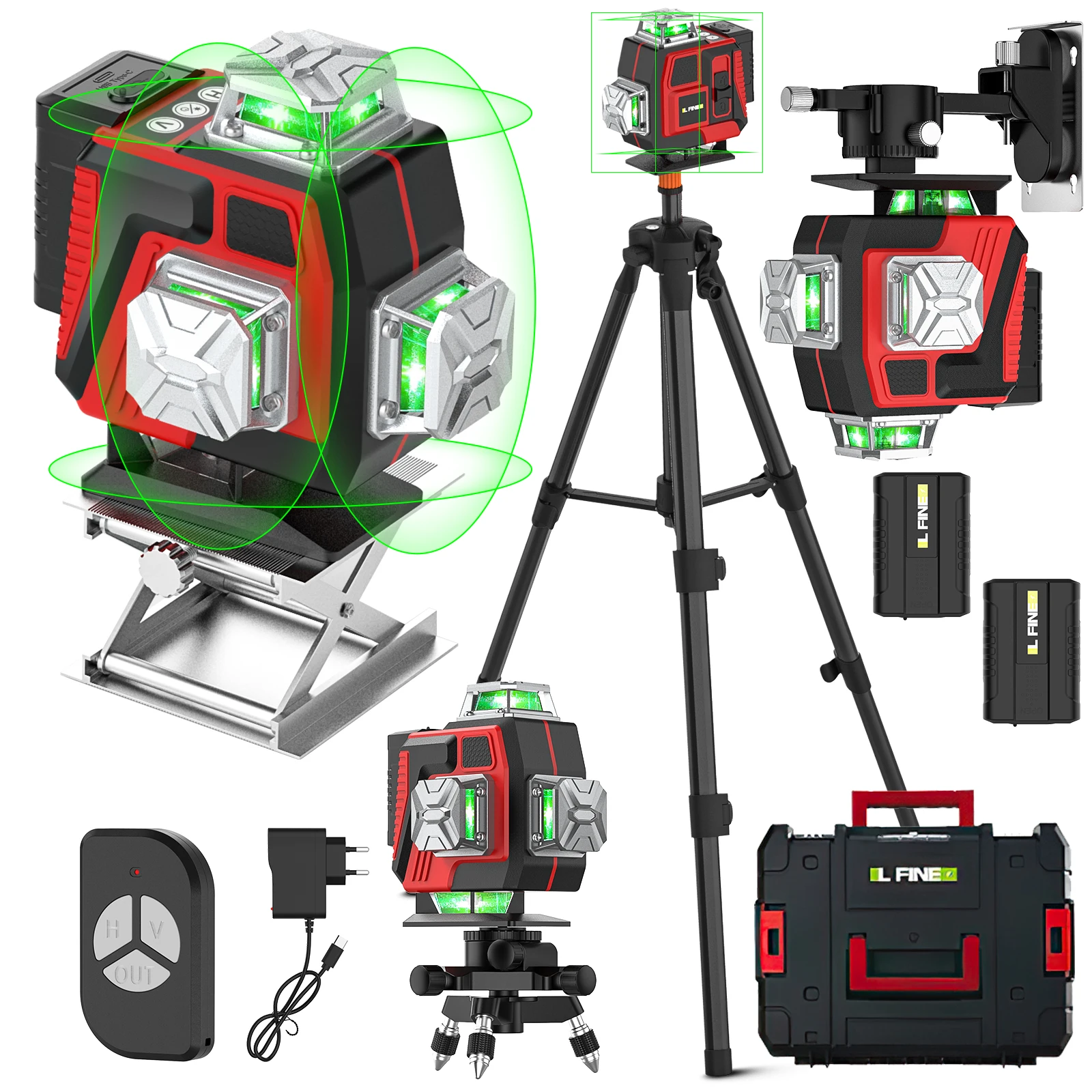 Niveau laser auto-nivelant 360 degrés, niveau laser vert 16 lignes, 2 x 360 horizontaux et verticaux avec télécommande, support pivotant