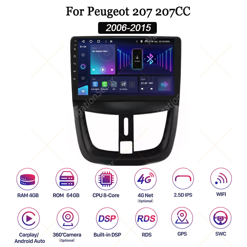 Android Auto para Peugeot 207 207CC 2006-2015 Android Carplay pantalla táctil sistema Multimedia navegación Gps Tiktok Spotify Wifi