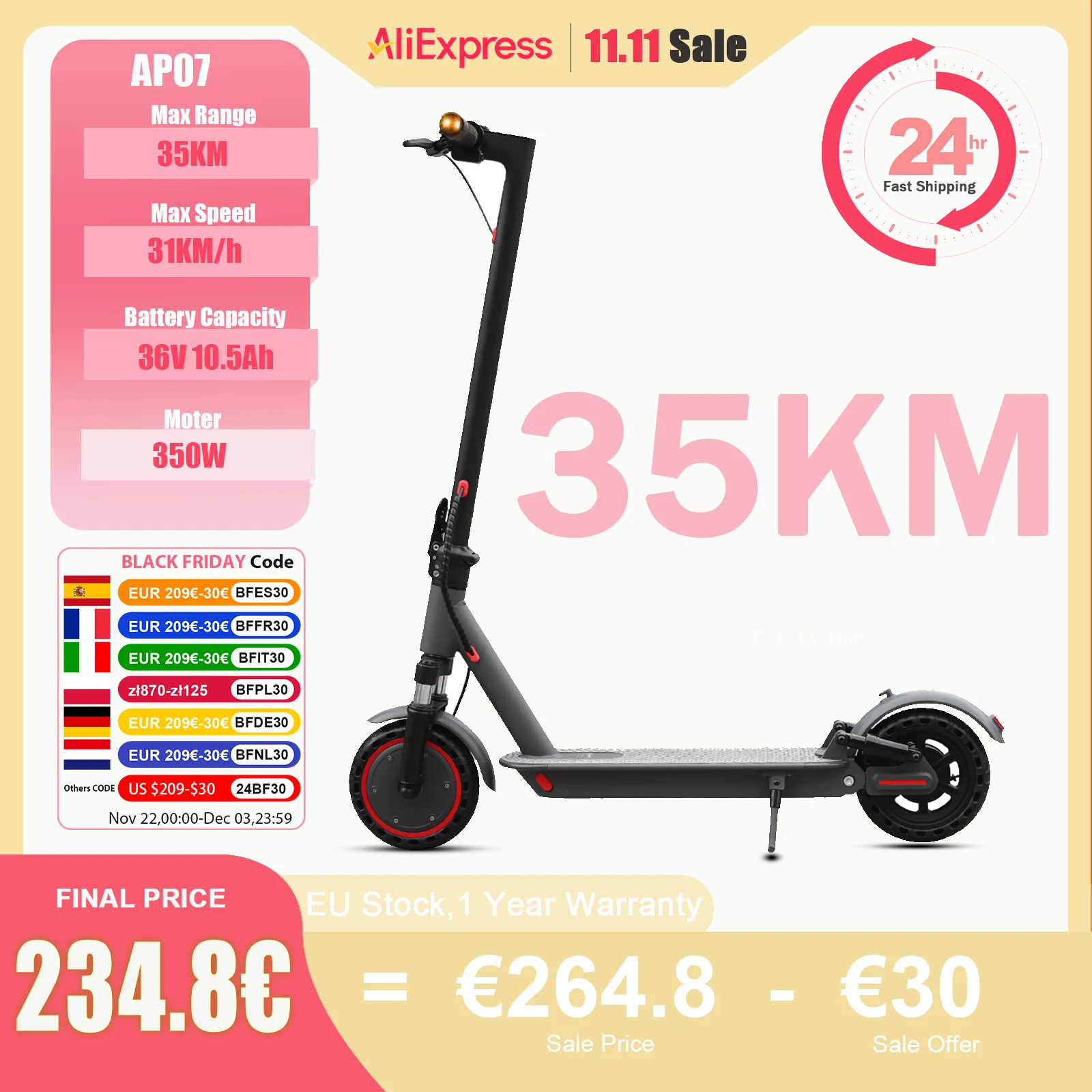 AOVOPRO AP07 M365P7 Adult Electric Scooter Speed up to 31KM/h 36V 10.5Ah Large Capacity Battery Range 30KM 350W Foldable Scooter