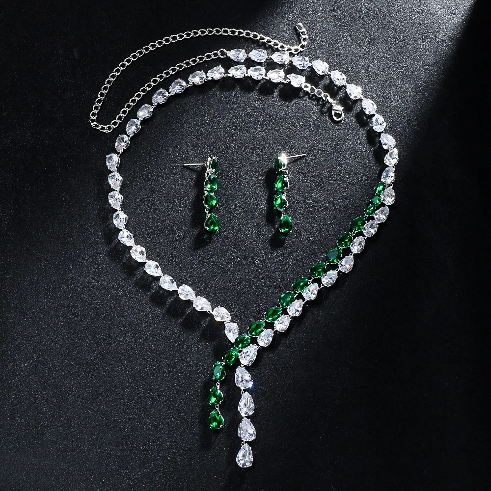 Fashion Double-deck Necklace Earrings Sets Zircon Wedding for Women Simple Green Water Drop Bridal Jewelry Set Banquet Gift