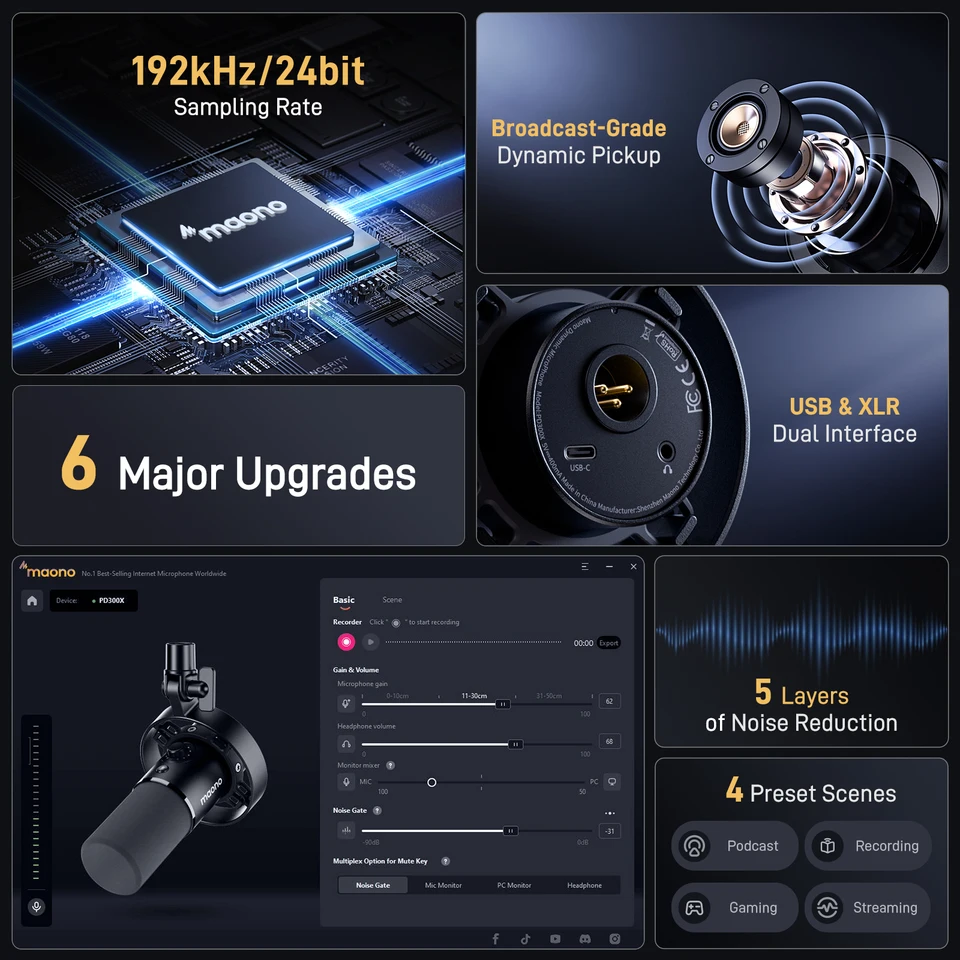 MAONO PD300X ダイナミックマイク XLR USB ポッドキャスト録音マイク