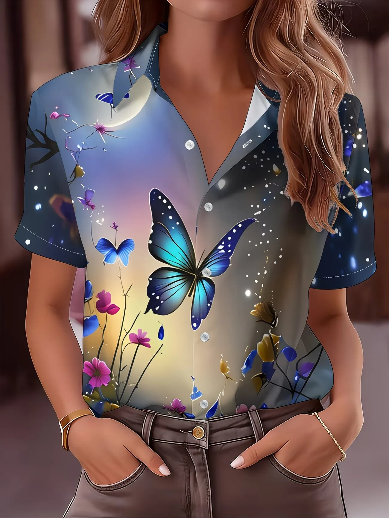 

Ladies Summer Short Sleeve Turn-down Collar Shirt Colorful Butterfly Floral Pattern Casual Top Fashion Street Personality Shirt