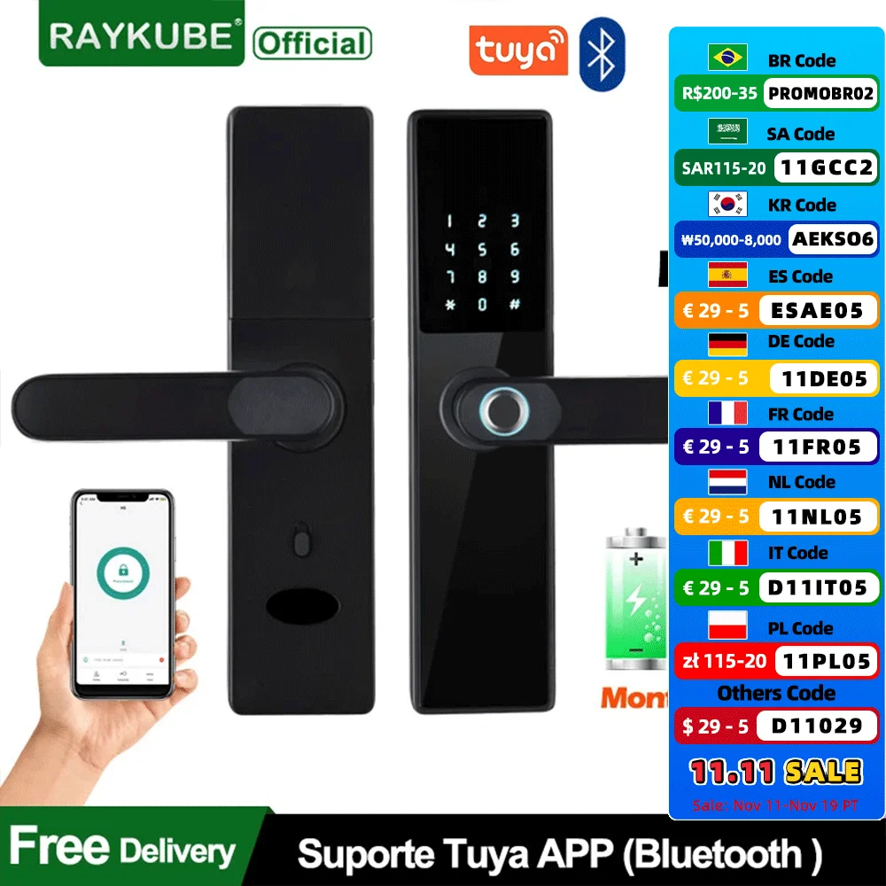 RAYKUBE H5 Biometric Fingerprint Smart Door Lock via Tuya APP Bluetooth Remote Unlock /Key/ Password/ IC Card/Fingerprint Unlock