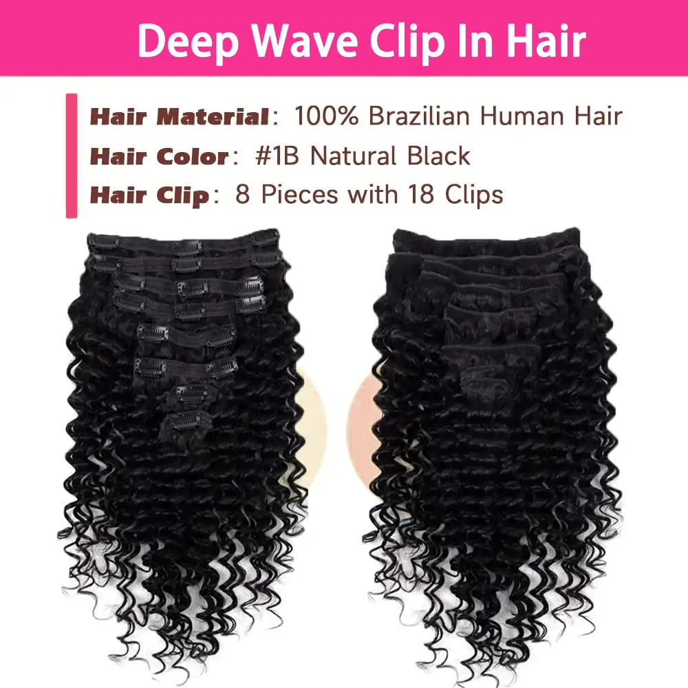 Water Deep Wave Clip In Hair Extensions 100% Human Brazilian Hair Clip Ins Extensions Curly 120g 8Pcs/Set Natural Black Color