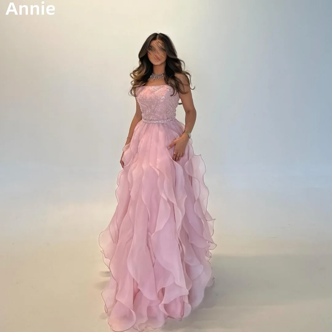 

Annie Glitter Embroidered Beads Prom Dresses Pink Organza Curly Edge Layered Evening Dresses A-line Formal Occasions فساتين سهرة
