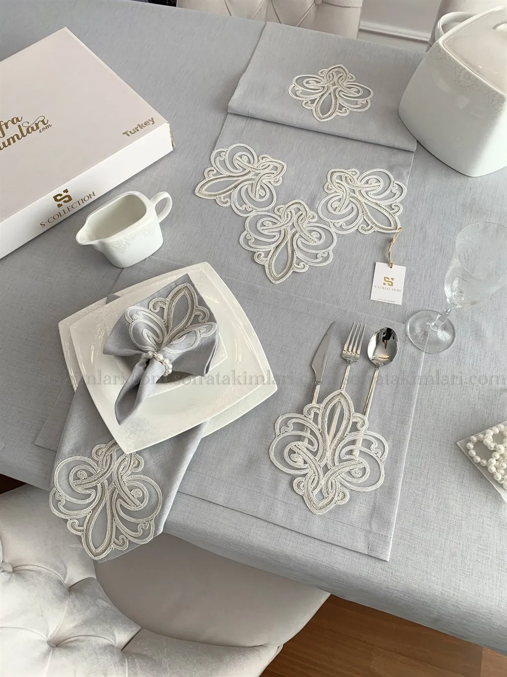 12 Persons 38 Pieces Fabric Viento Eco Table Cloth Set Lacy Embroidered Runner Napkin Placemat Set Fast Shipping from Turkey