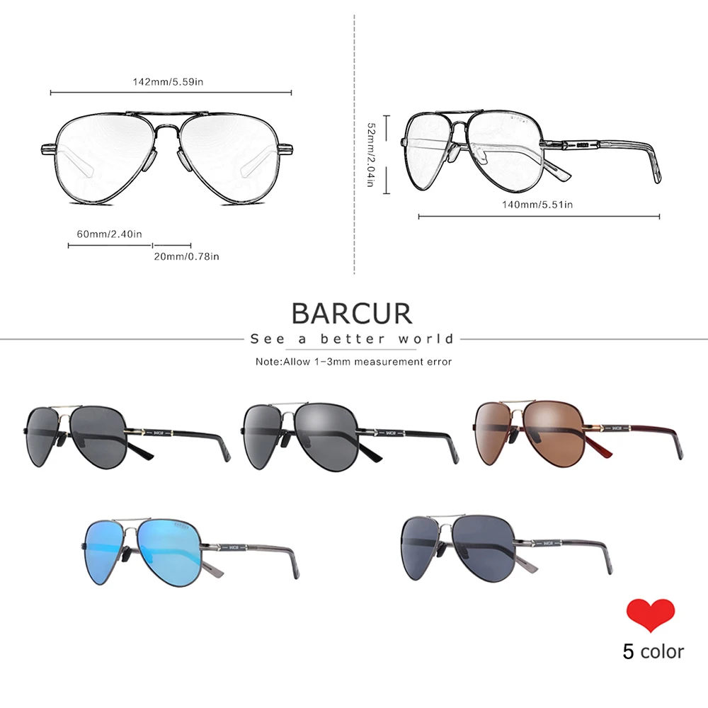 BARCUR Original Brand Fashion Sunglasses Men Polarized Comfortable Pilot Women Sun Glasses for Man Eyewear Oculos Gafas De Sol