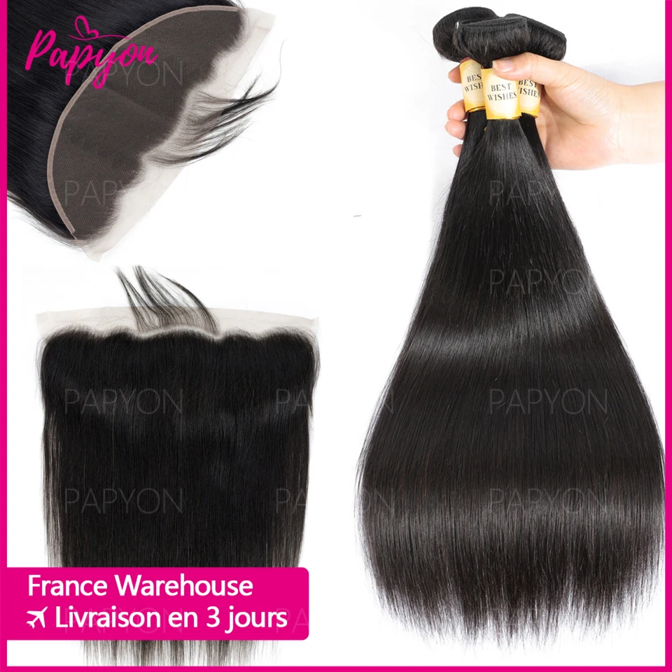 Extensiones de Cabello Humano Liso de 38, 40 y 42 Pulgadas con Frontal de Encaje Transparente 13x6, Cierre 13x4 y Paquetes de Cabello Virgen PAPYON