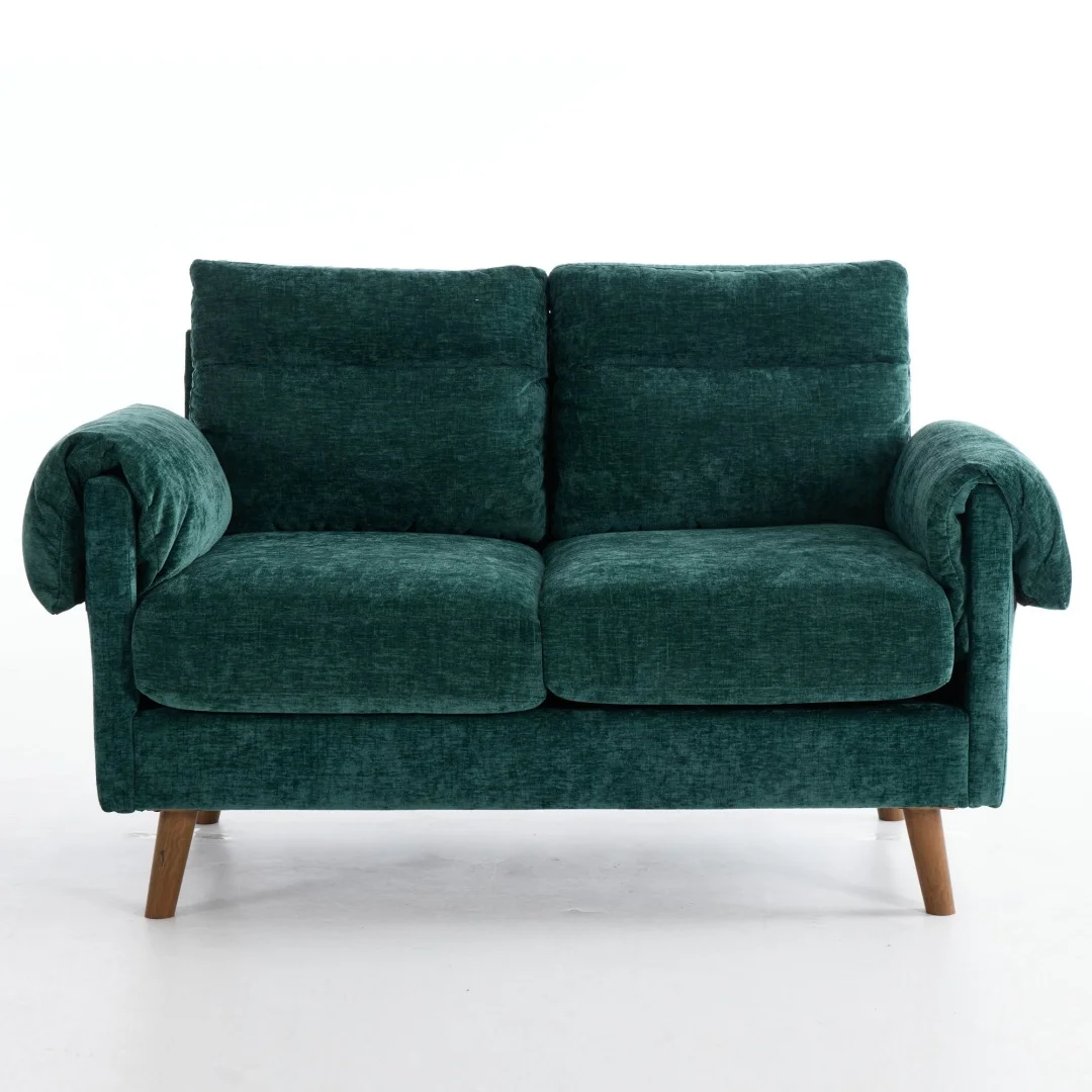 Sofá Loveseat Compacto de 2 Plazas en Chenilla, Sofá Pequeño de Estilo Mid-Century con Tela Suave y Afelpada, Cojines Extra Rellenos y Patas de Imitación Madera, Loveseat que Ahorra Espacio para Sala de Estar, Dormitorio, Apartamento, Verde Esmeralda