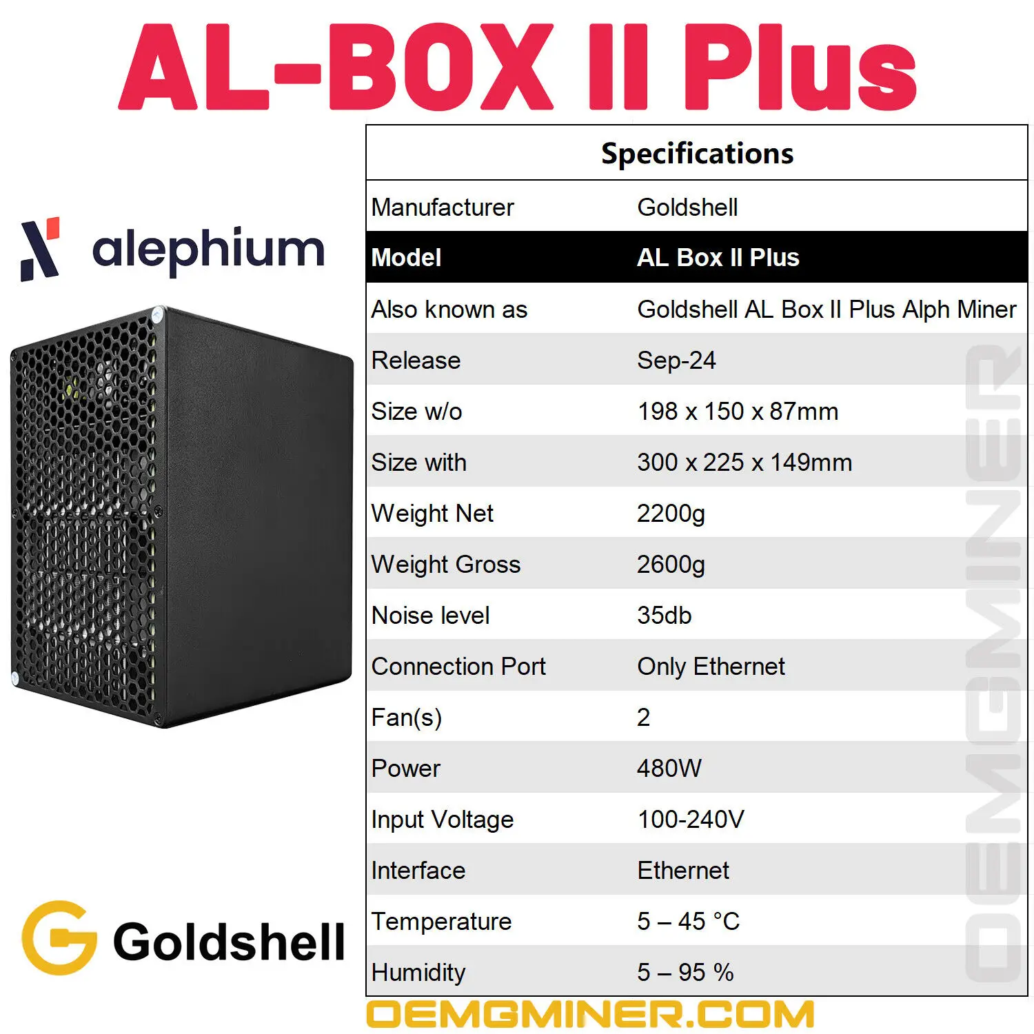 

WA BUY 2 GET 1 FREE New Goldshell AL BOX Ⅱ Plus 1Th/s 480W ALPH Miner Blake3 Alephium Miner with PSU