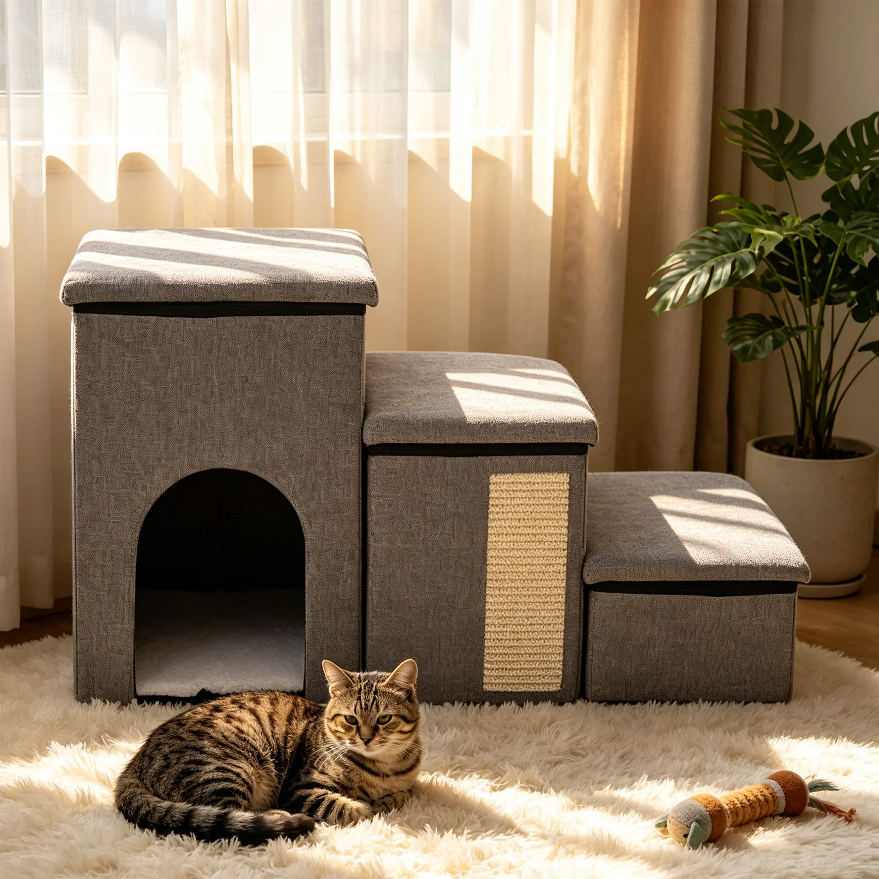 Escaleras Plegables de 3 Niveles para Mascotas con Casa para Gatos y Almacenamiento, Plegables para Ahorrar Espacio, Capacidad de Carga de 82 kg, Escalones Acolchados Antideslizantes, Poste Rascador Integrado para Cama/Sofá, Mascotas Pequeñas/Adultas