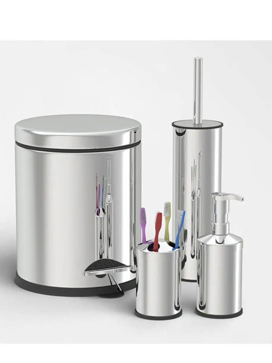 Chrome 4 of Pedal Dustbin Wc Toilet Bowl Brush Soap Dispenser Toothbrush Set Bathroom Accessories Set Home Decoration