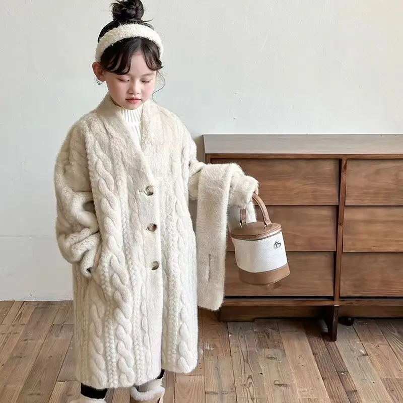 Winter Kids Faux Fur Coat with Scarf, Thickened Mink Velvet Wool-Like Jacket for Girls, Warm & Cozy Shearling Outerwear for4-14Y