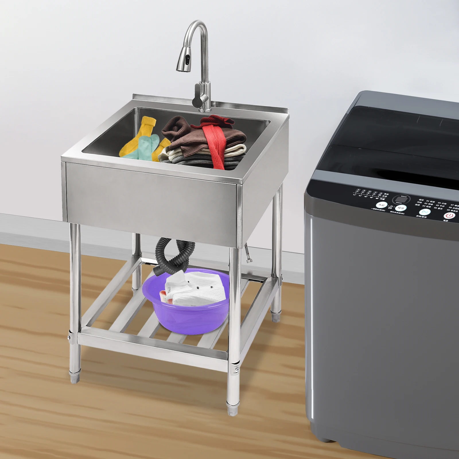 シングルボウルランドリーシンク、引き出し式蛇口付き業務用シンク、スタンド付きステンレススチールランドリーシンク、シルバーステンレススチール