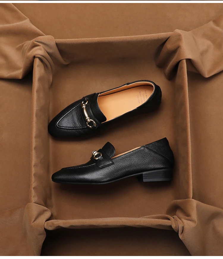 SHOEBOX Leather metal buckle low heel British style loafers for women's summer new style, one foot thick single order shoes