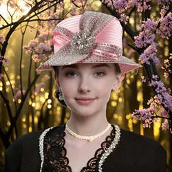HotSale Pink Cocktail Satin Cloth Hat Elegant Photography Hats Chain Fashion Formal Hat Masquerade Flower Wedding Top Hat Female