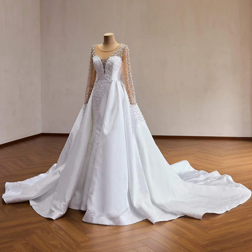 Wedding Gowns For Brides 2026 Long Sleeves Lace Beading Pearls Ivory Satin Mermaid Wedding Dress 2 In 1