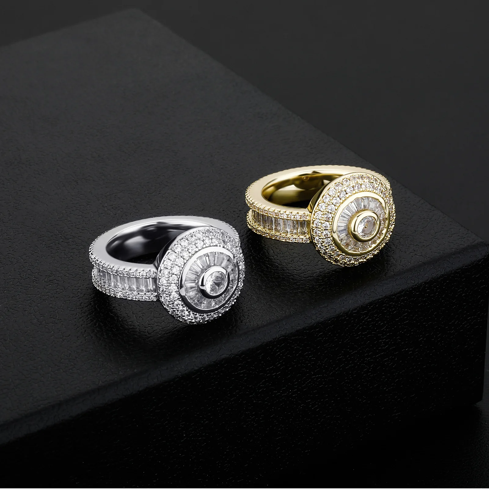 

New Iced Out Baguette Zircon Rings Brass Real Gold Plated High Quality Hip Hop Lab Diamond Punk Jewelry for Men Women Party Gift