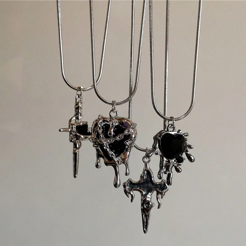 4Pcs Gothic necklace set, silver snake chain black imitation enamel melted heart-shaped cross pendant necklace punk jewelry