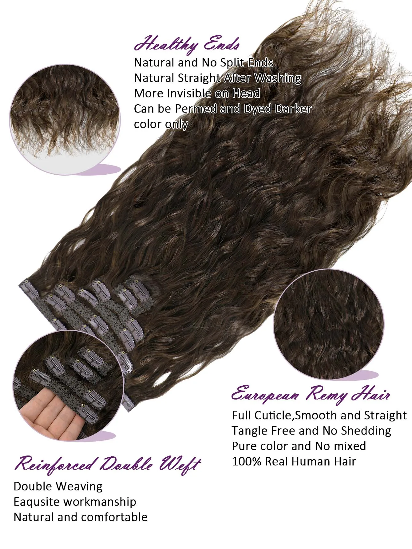Clips in Hair Extensions Real Human Hair 120g 7Pcs Dark Brown Natural Wave Hair Extensions Add Hair Length&Volume Water Wavy