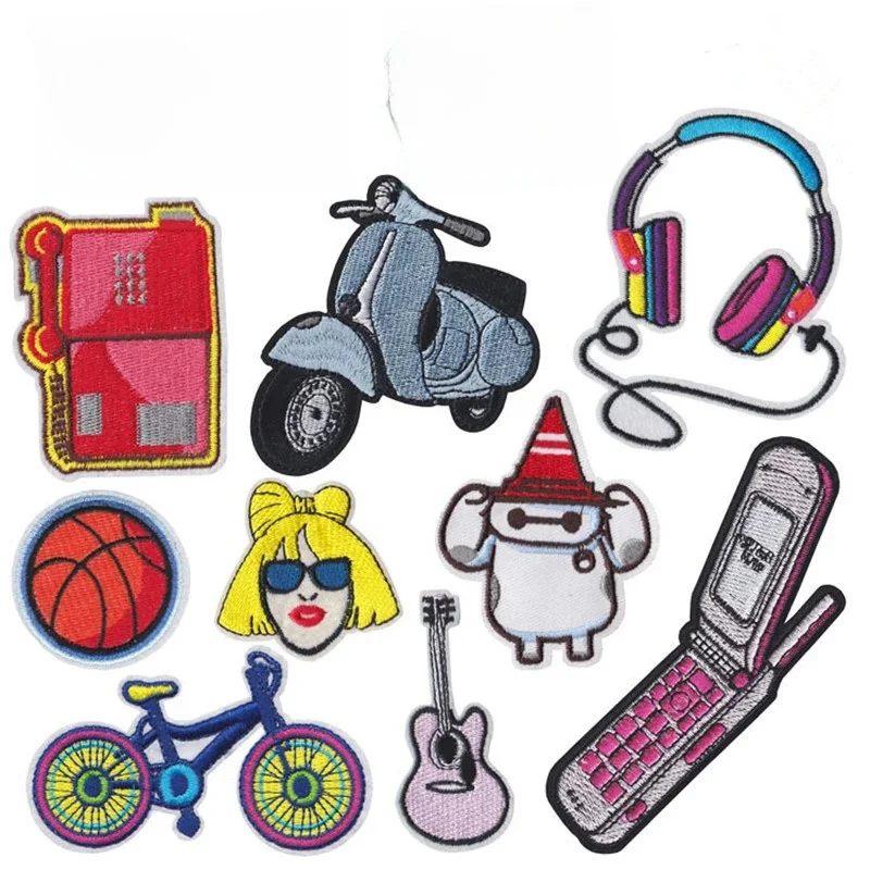 AliExpress 80's retro Telephone Bicycle Guitar Patch Iron On Embroidered For Clothing Patches For Kid Clothes Appliques Stickers T-shirt