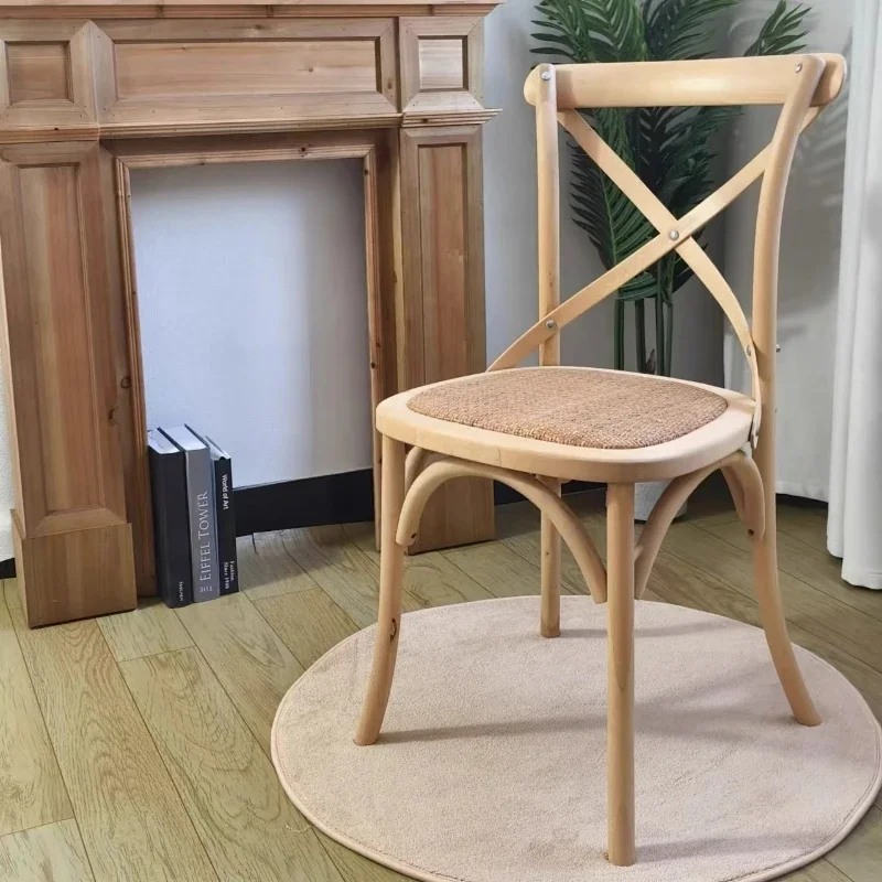 Scandinavian Farmhouse Style Rattan Dining Chair Wooden Seat Crossbar Design Comfortable Modern Cottage Aesthetic