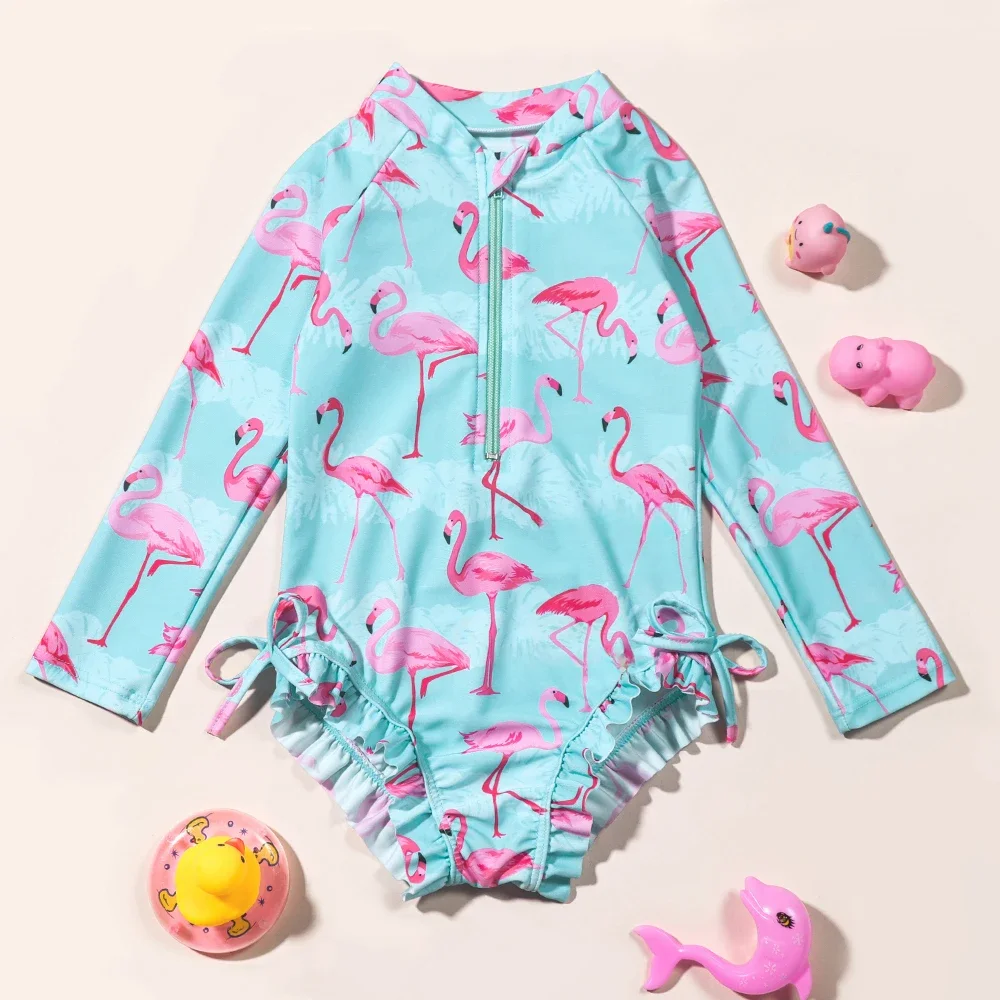 Dziewczęcy strój kąpielowy Flamingo z długim rękawem Letni strój kąpielowy plażowy Jednoczęściowy strój kąpielowy Kostiumy kąpielowe dla dzieci — zdjęcie 2