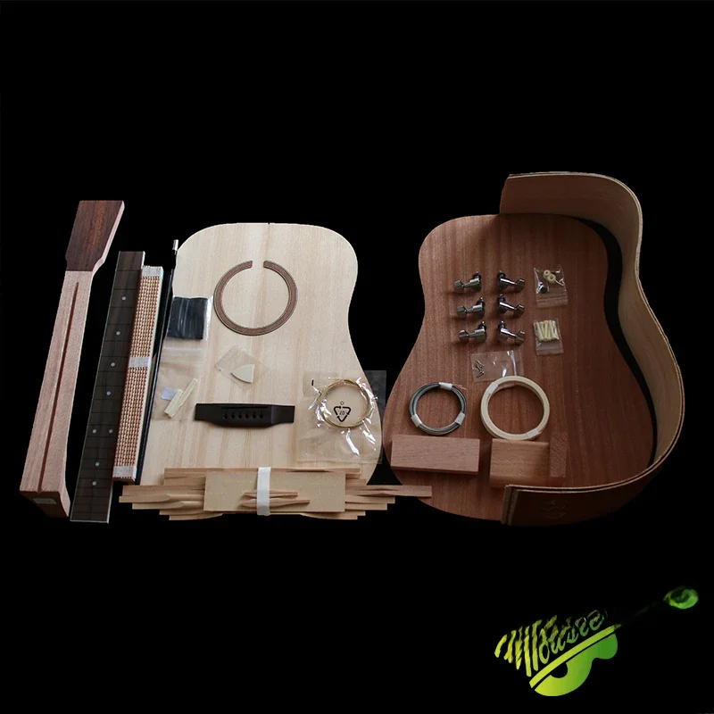 Zestaw DIY do gitary akustycznej, folkowa balada, pojedyncza gitara, pakiet akcesoriów, świerk, lite drewno, boki i tył z sklejki, palisander, podstrunnica. — zdjęcie 2