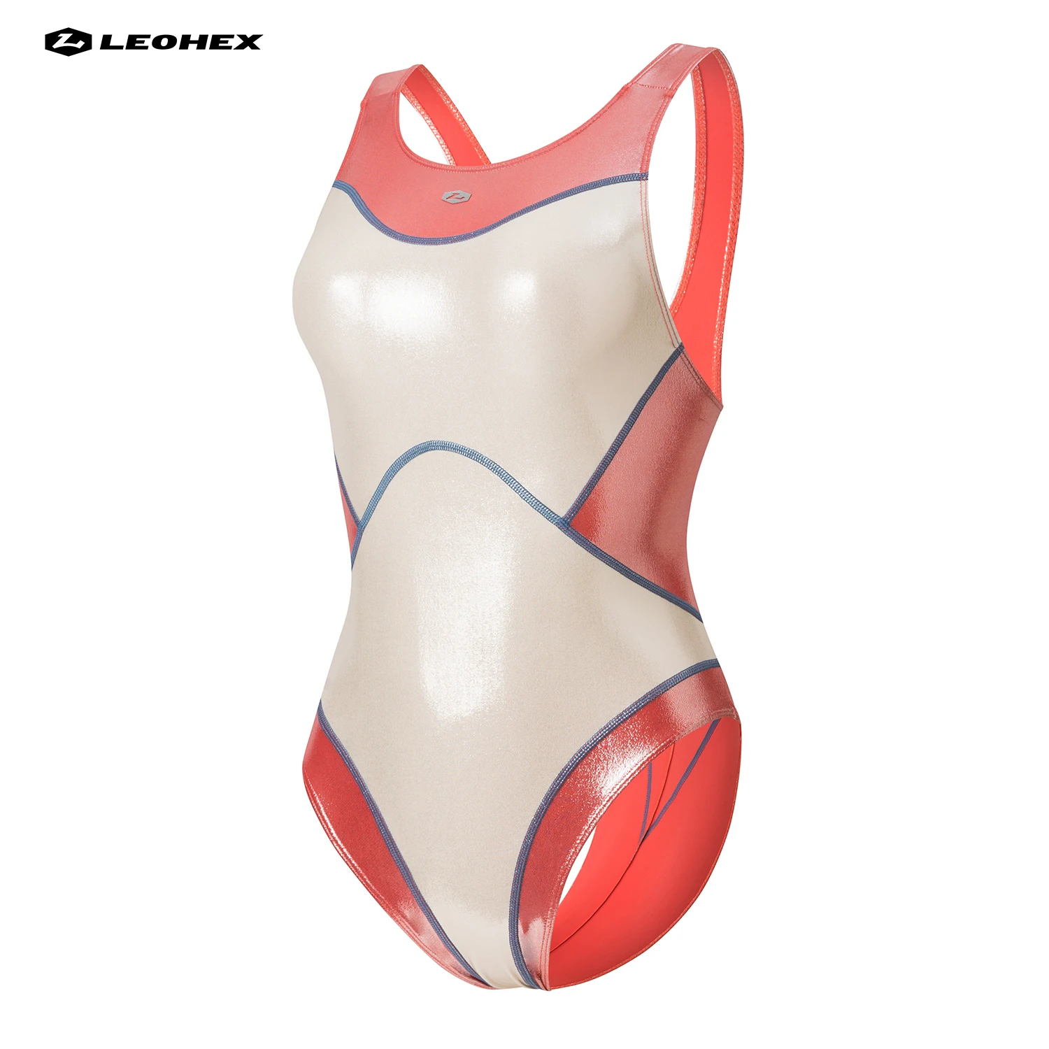 LEOHEX Lycra Competition Swimsuit One Piece Bodysuit Japanese Style Color Block Design Shiny Glossy for Swimming and Fitness
