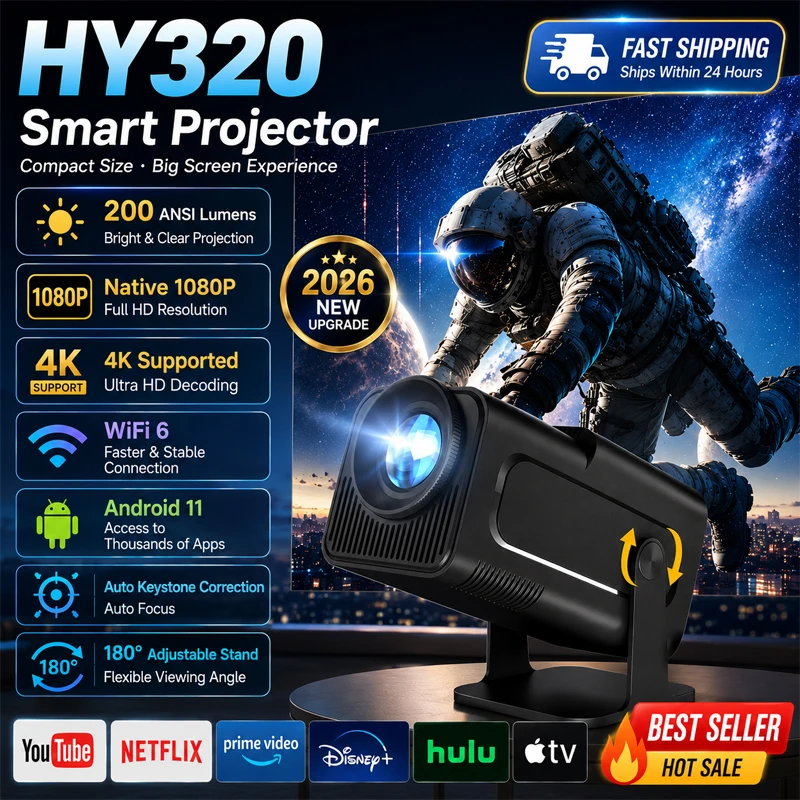 

HY320 Projector | 4K HD Android 11 Projector Native 720P 290 ANSI Lumens Dual Wi-Fi 6 BT 5.0 1280*720P Cinema Portable Proje
