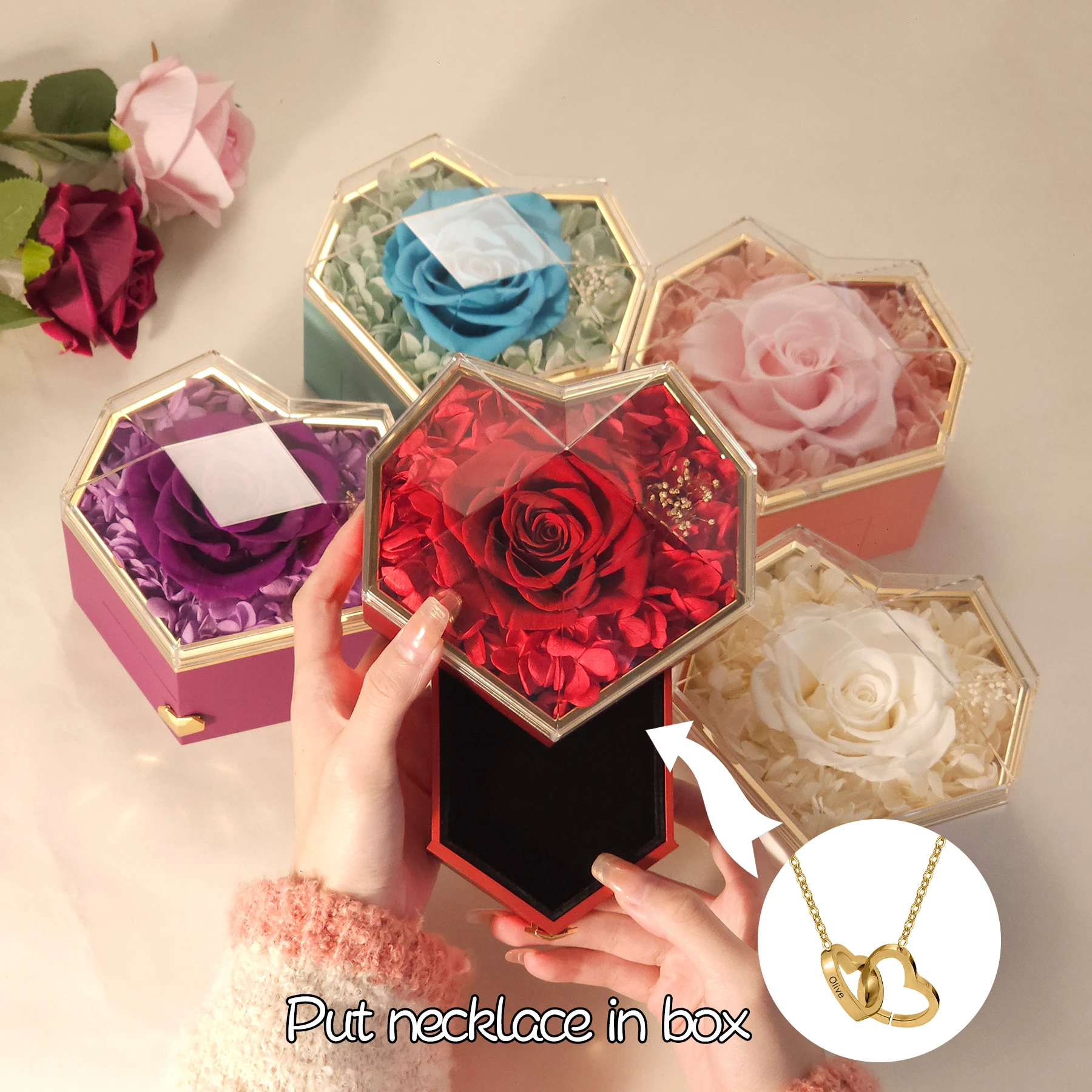 High Selling Custom Name Necklace Personalized Double Heart Pendant Forever Rose Gift Box Best Christmas Gift for Women