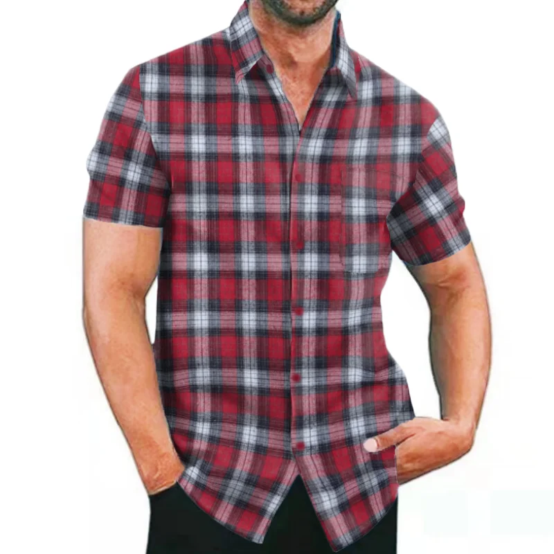 Men Shirt Casual Plaid Flannel Men\'s Clothing Short-Sleeved Chest Pocket Design Men\'s Striped Shirts Printed-Button S-3XL