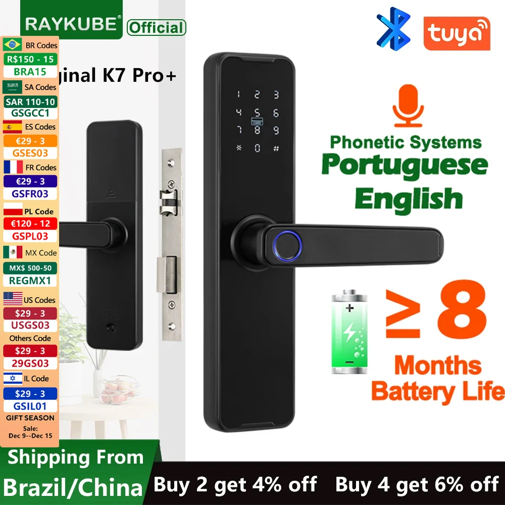 RAYKUBE Biometric Fingerprint Door Lock K7 Pro+ Black Smart Lock Tuya App Bluetooth Unlock Keyless Lock Electronic Door Lock