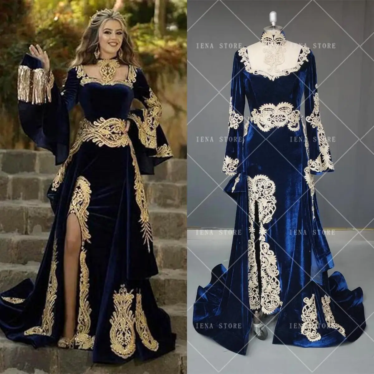 14560#Moroccan Caftan Evening Dress 3 Pieces Remove Skirt Appliques Gold Lace Long Sleeve Mermaid Velvet Prom Celebrity Gowns