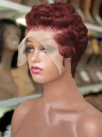 Pixie Curly 100% Human Hair Wig 13x4 Short Bob Wig Pixie Cut #350 Colored 99J  Lace Frontal Human Hair Wigs for Black Women