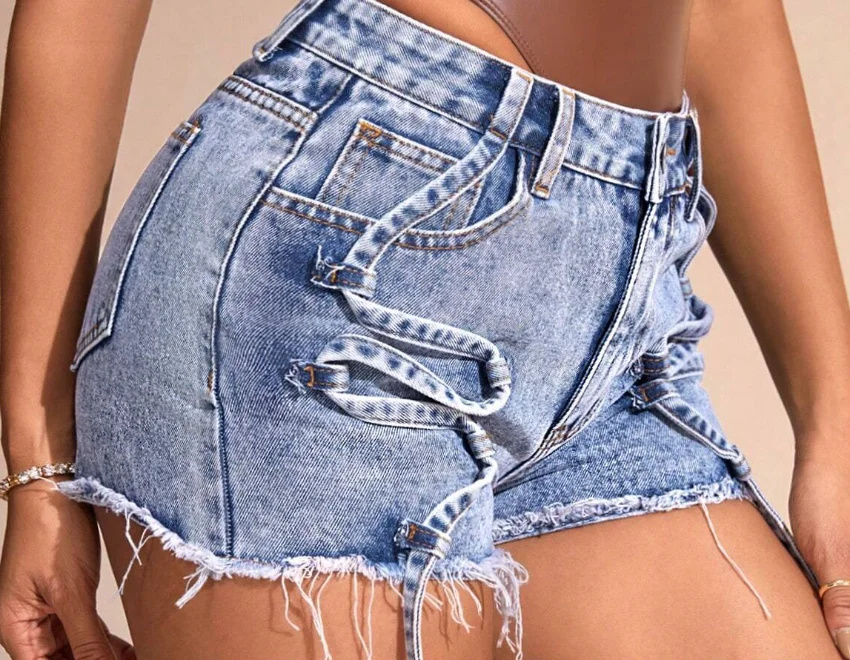 Women's Stylish Mid-Rise Slim Fit Frayed Denim Shorts - Light Wash Raw Hem Distressed Details - Elegant Summer Jean Shorts for C