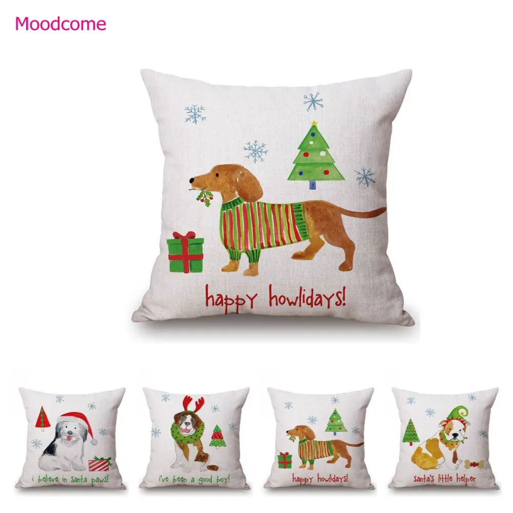 Lovely Cute Cartoon Dog Christmas Decoration Xmas New Year Holiday Cotton Linen Sofa Pillow Case Kids Gift Chair Cushion Cover