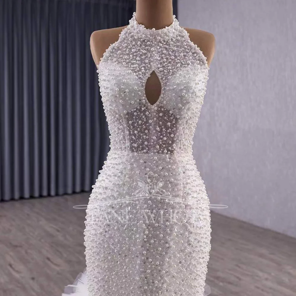 Vestidos De Boda Para Fiestas Halter Lace Up Back Beading Pearls Sexy Mermaid Wedding Dress