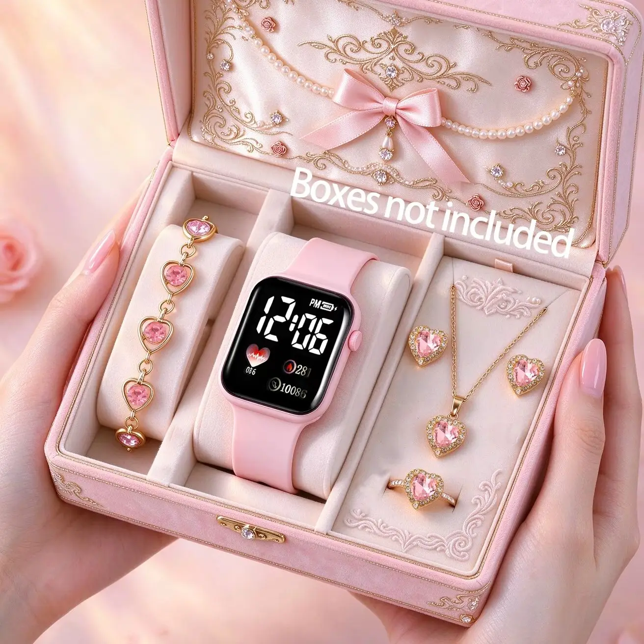 6-Piece Set of Elegant and Fashionable Women's Electronic Watches with Heart-Shaped Rhinestone Jewelry Series, Romantic Birthday Gift, Without Box