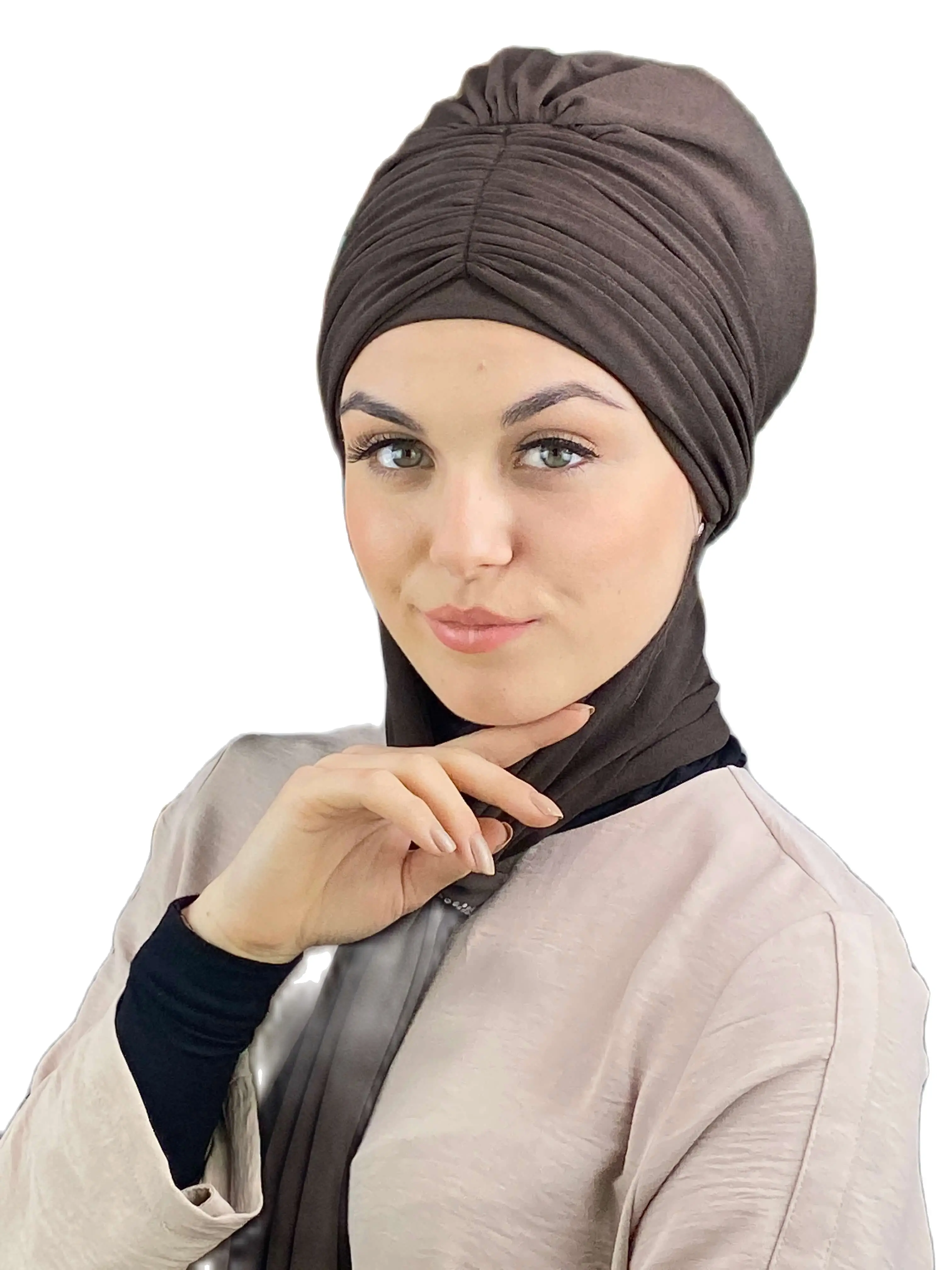 2023 New Fashion Hijab Ready Made Turban Woman\'s Hat Cancer Kemo Beret Beanie Foulard Chiffon Scarf Pleated Brown Cap Shawl