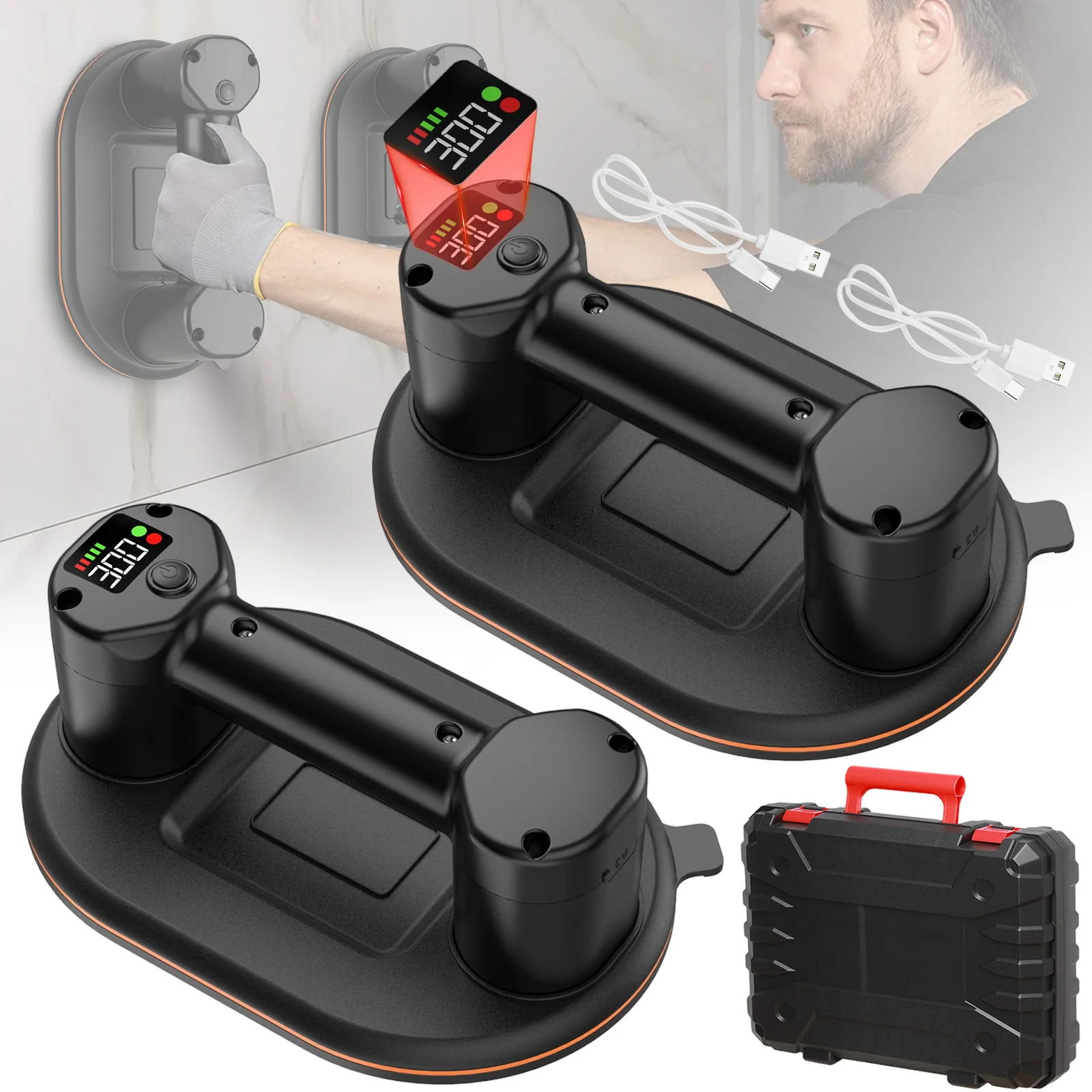 Intelligenter Display-Industrievakuum-Saugheber mit 300 kg Tragkraft für Granit, Fliesen und Glas, 4000 mAh Akku
