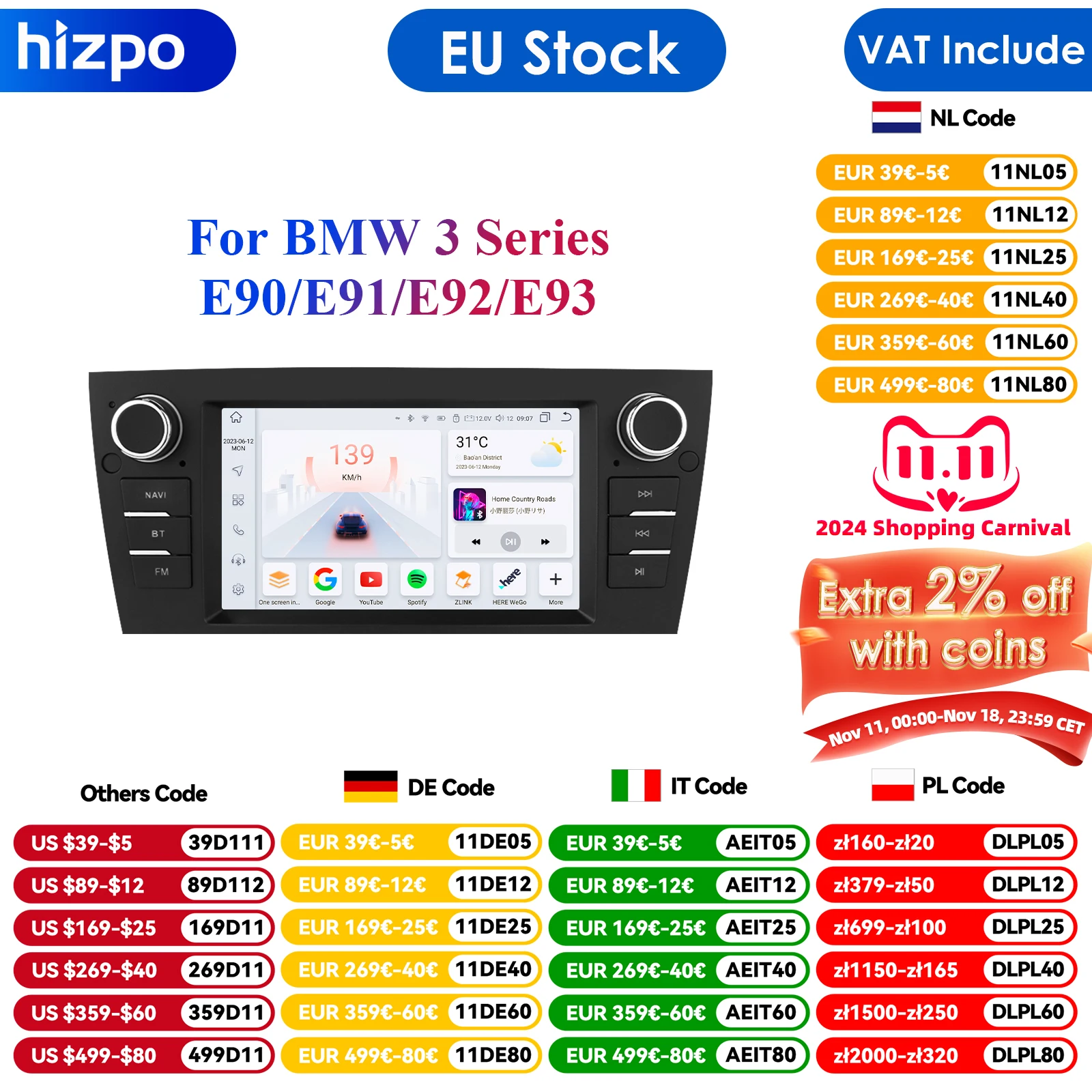 EU Stock NO-VAT 2Din Car Android Multimedia Radio Player For BMW 3 Series E90 E91 E92 E93 GPS Navigation Stereo Audio Head Unit