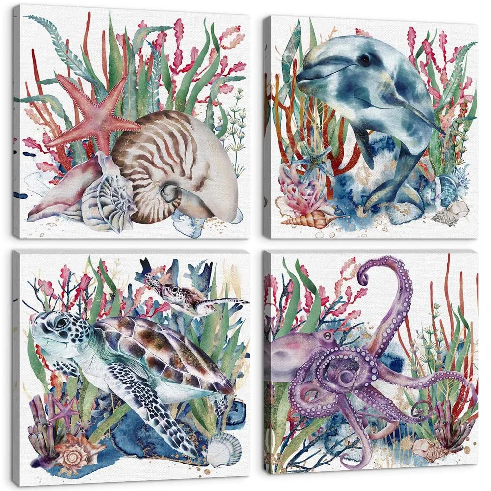 Tropical Beach Wall Art Coral Wall Decor Ocean Animals Pictures for Kids Bedroom Toddler Nursery Home Decorations 12x12” 4 Pcs