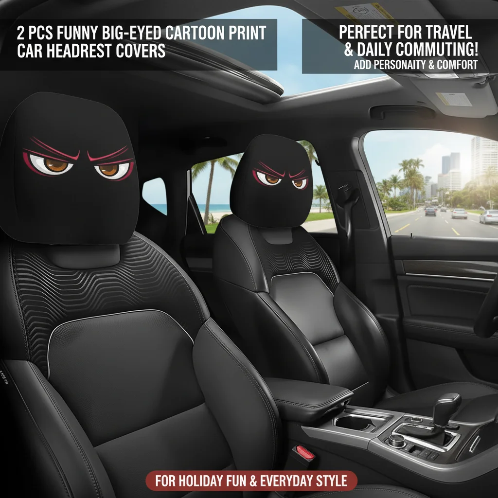2PCS Cute Big-Eyed Cartoon Car Headrest Covers Universal Fit for Cars Fun Auto Seat Accessories for Holiday Gift