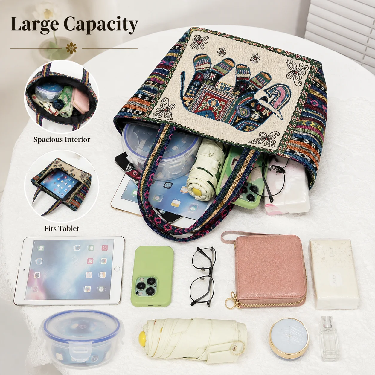 Vintage Ethnische Elefanten-Muster Gewebte Tragetasche Große Kapazität Reißverschluss-Handtasche Boho Schultertasche für Frauen Reisen Einkaufen Täglicher Gebrauch – Detail 3