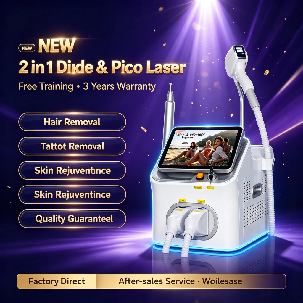 2-in-1 808nm Diode & Picosecond Nd YAG Laser, Professional Tattoo Removal Device & Hair Removal Machine