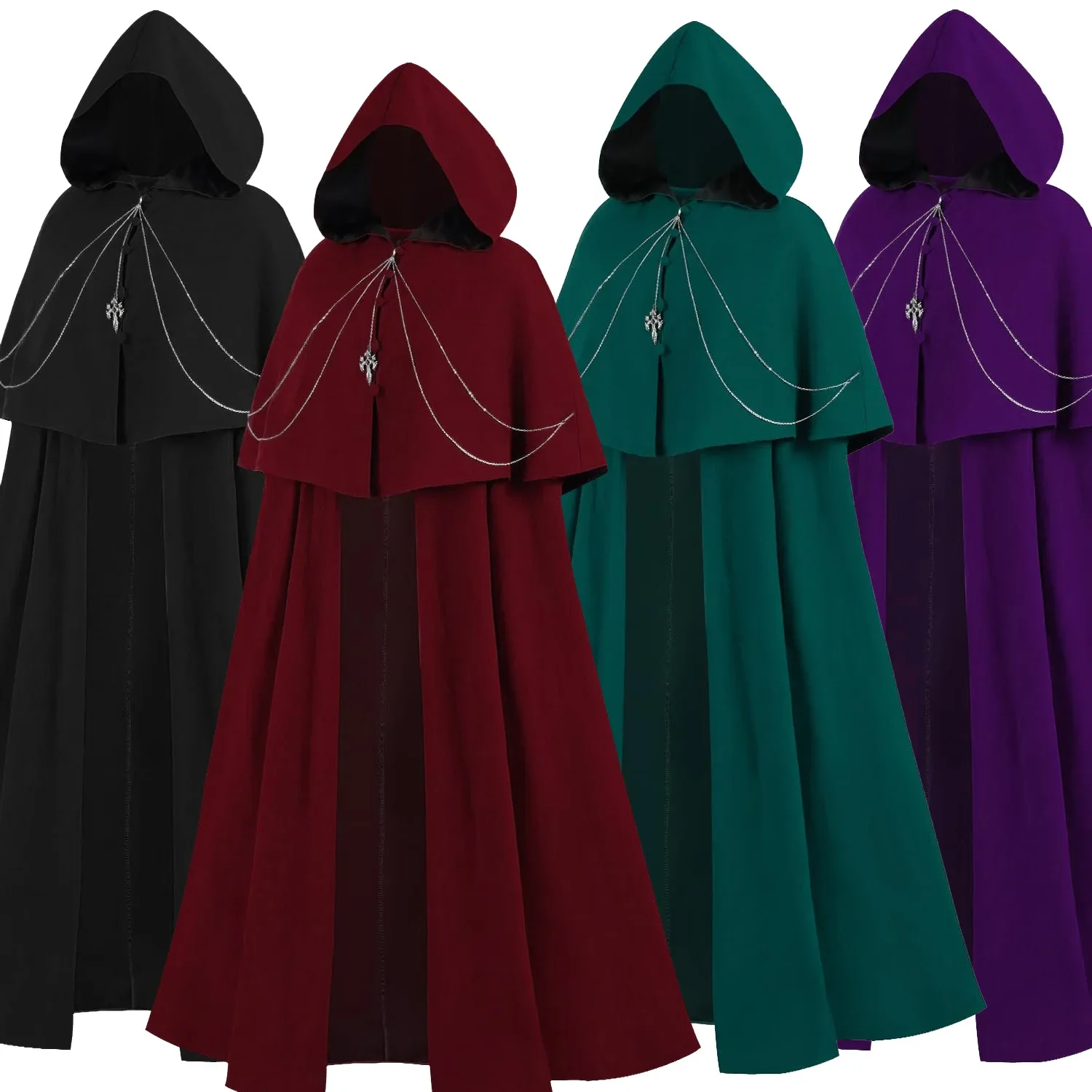 Dames Halloween Cosplay Kostuum Steampunk Rood Paars Groen Cape Metalen ketting Middeleeuwse Ridder Zwarte mantel Victoriaanse koninklijke jas - afbeelding 2