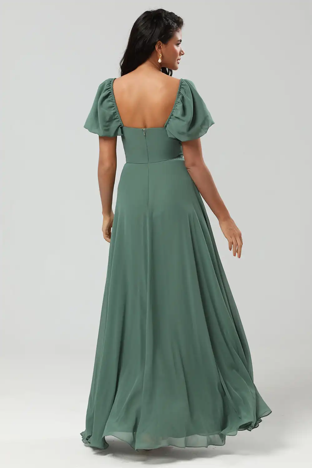 A Line Chiffon Puff Sleeves Bridesmaid Dress With Slit Square Neck Long Wedding Cocktail Dresses Floor-length Evening Gowns